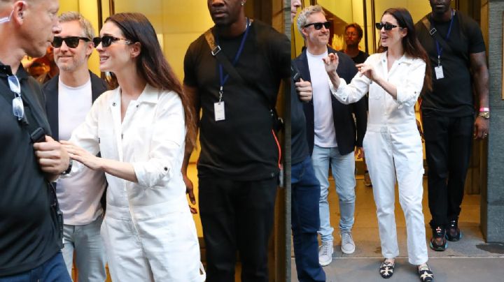 Anne Hathaway impone moda desde el set: así combina pantalones blancos